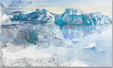 ICEFIORD WITH MAP 2009 oil over map transfer on canvas 36 x 60 in.
